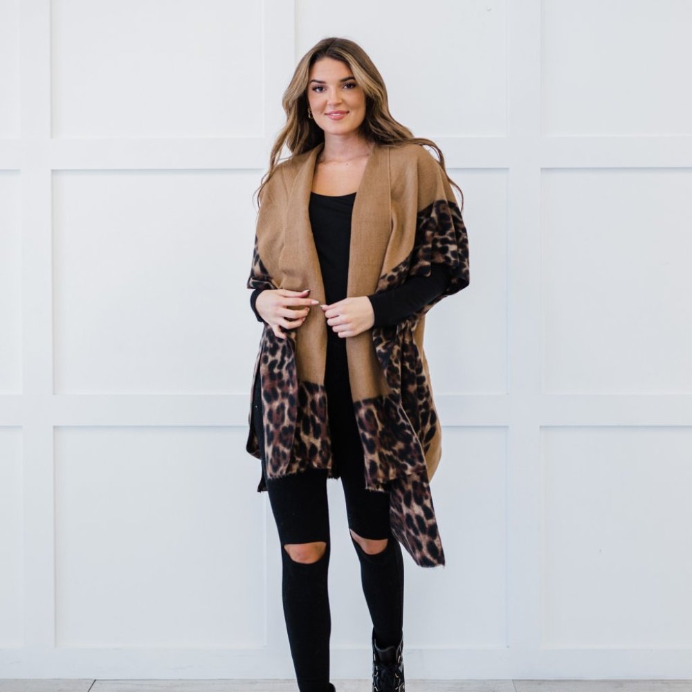 Leopard Color Block Side Slit Kimono - Picture 2 of 6